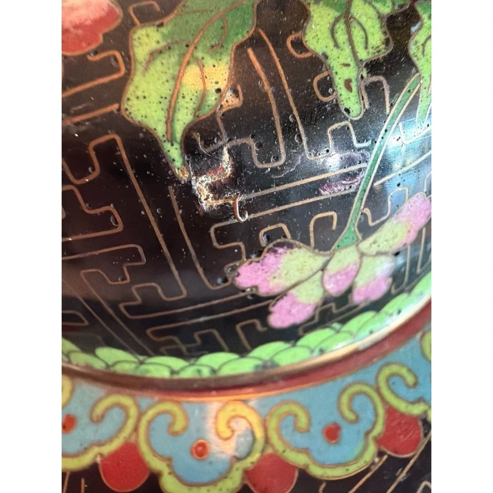Vintage Chinese Cloisonne Black‎ Enamel Ginger Jar with Floral Design 10